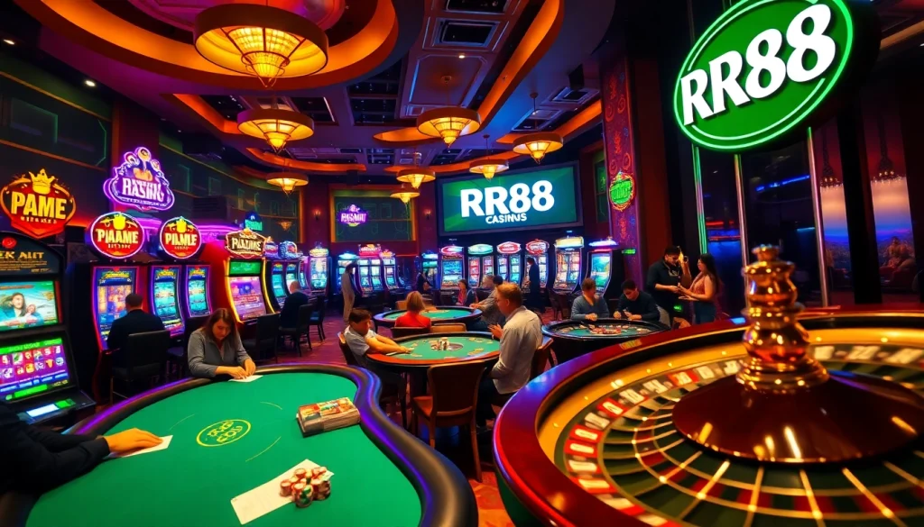 Experience RR88's thrilling casino atmosphere with poker tables and vibrant slot machines lighting up the night.