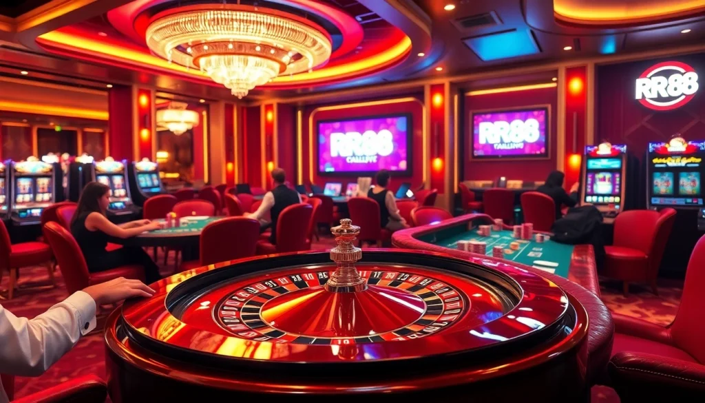 RR88 casino scene with players at roulette and poker tables, showcasing excitement in gambling.